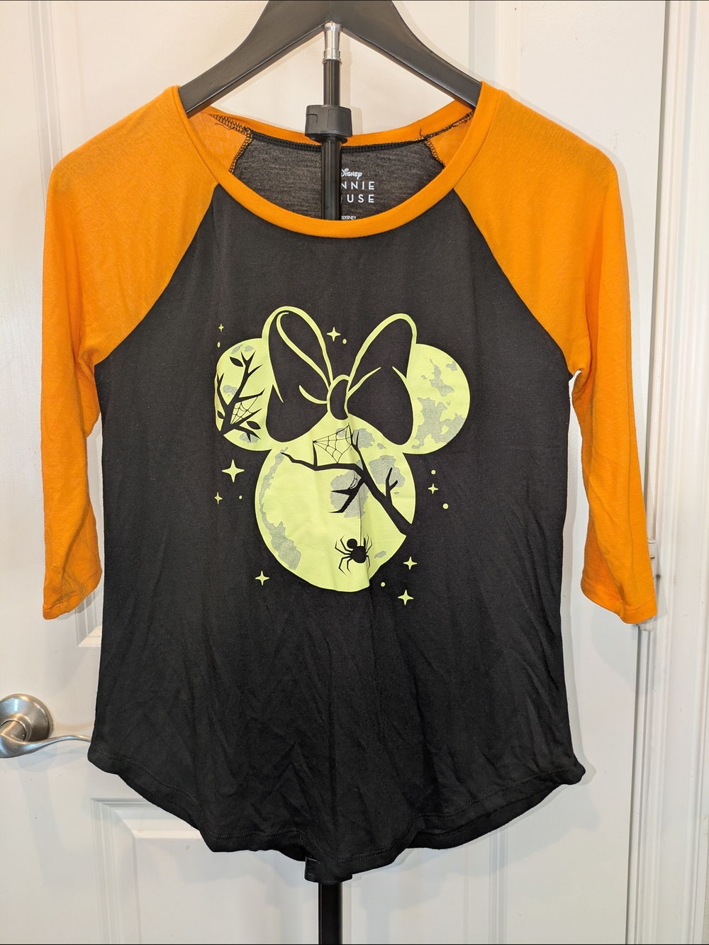 Disney Minnie Mouse Halloween Moon Spider Raglan Tee Orange Black Women's Small